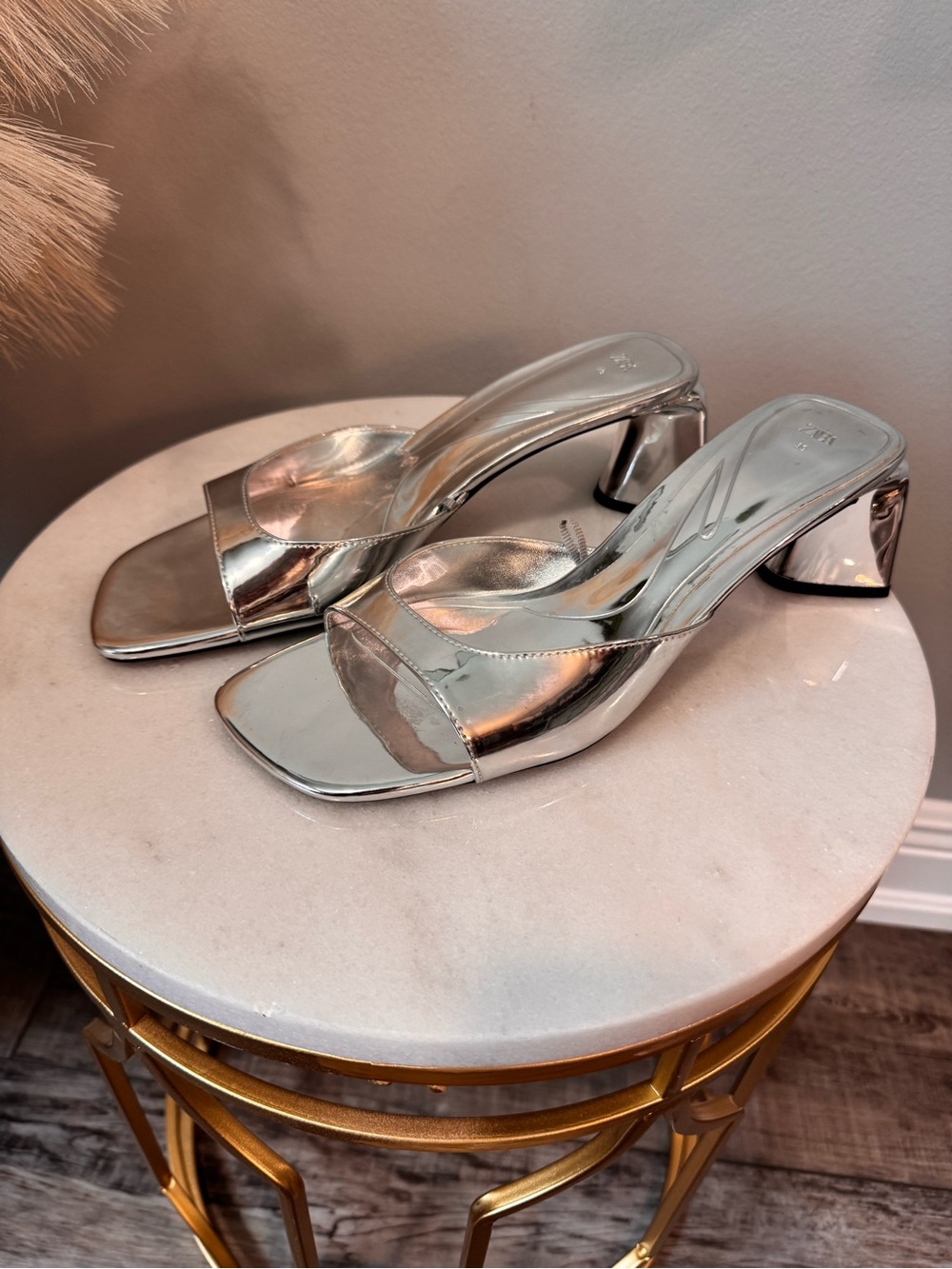 Zara Silver Metallic Open-Toe Block Heel Mules - Picture 2 of 12